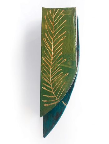 "Green Gold Feather" by by Limor Farber | mixed media, oil, encaustic, on reclaimed wood
